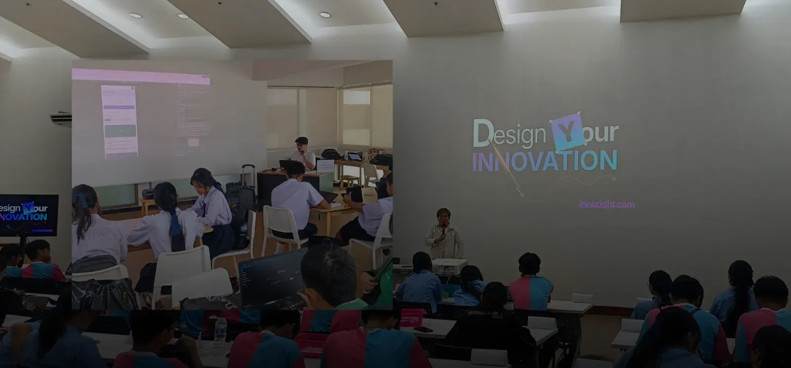 นักเรียนทั้งห้องนั่งใช้แล็ปท็อปทำเวิร์กช็อป Design Your Innovation